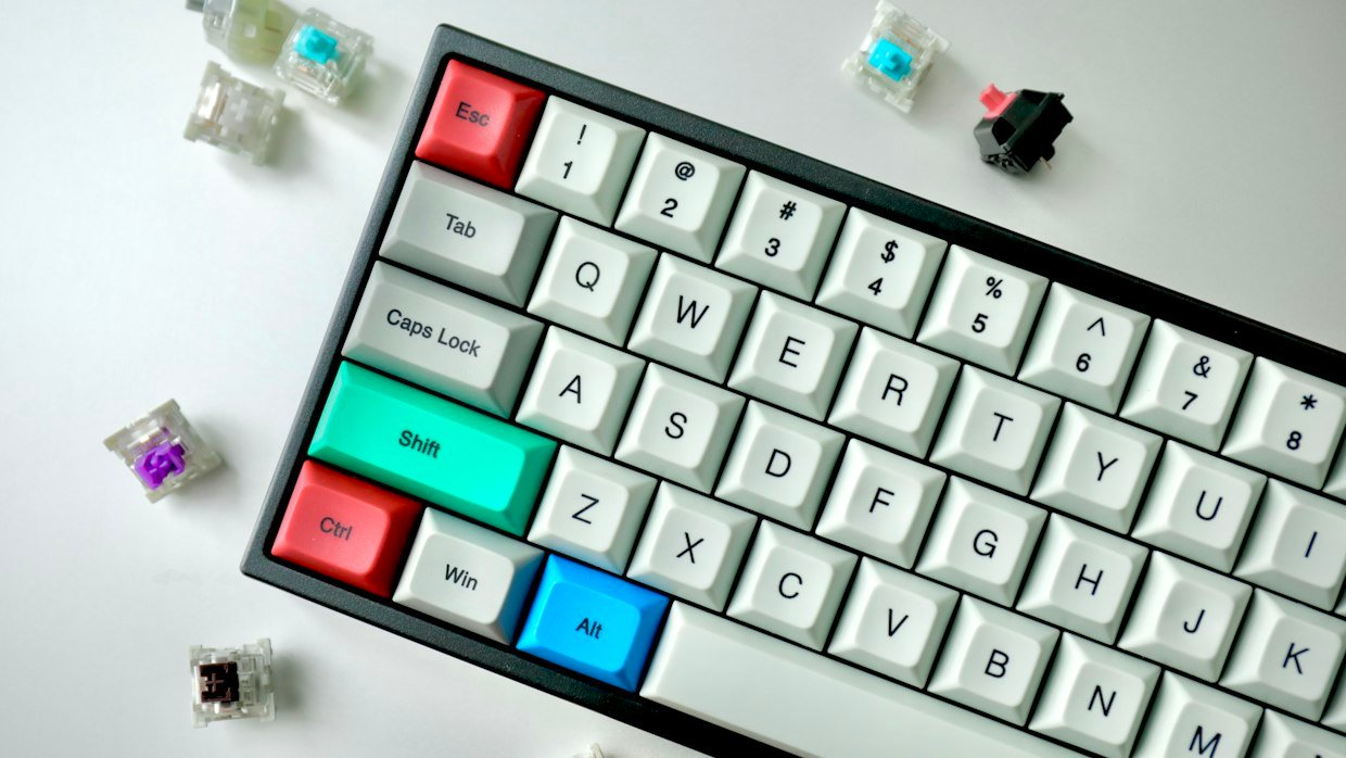 A close view of a mechanical keyboard.