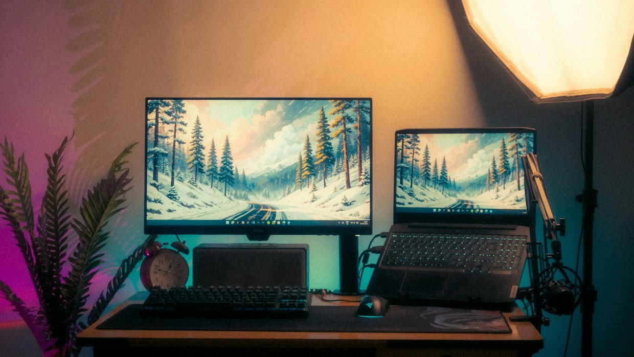 Two monitors set up side by side on a desk.