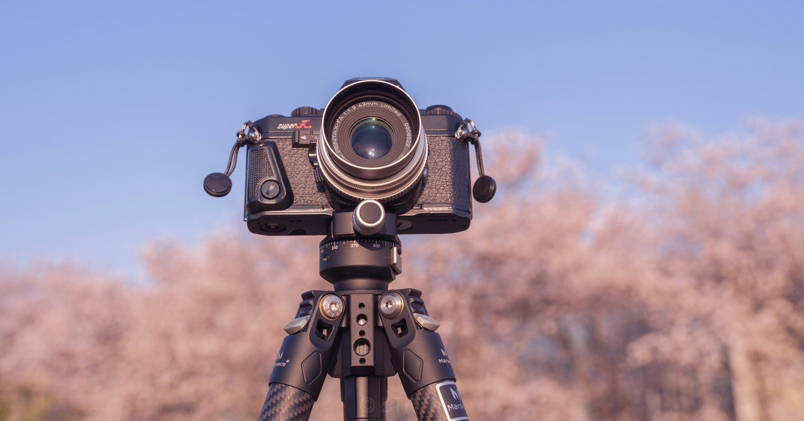 A film camera mounted on a tripod outdoors.
