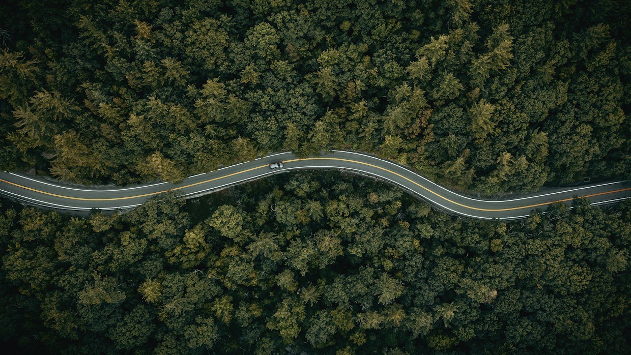 A winding road seen from above.