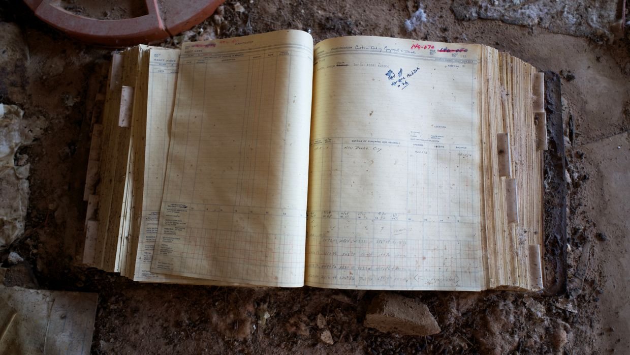 A closed ledger book resting on a desk.