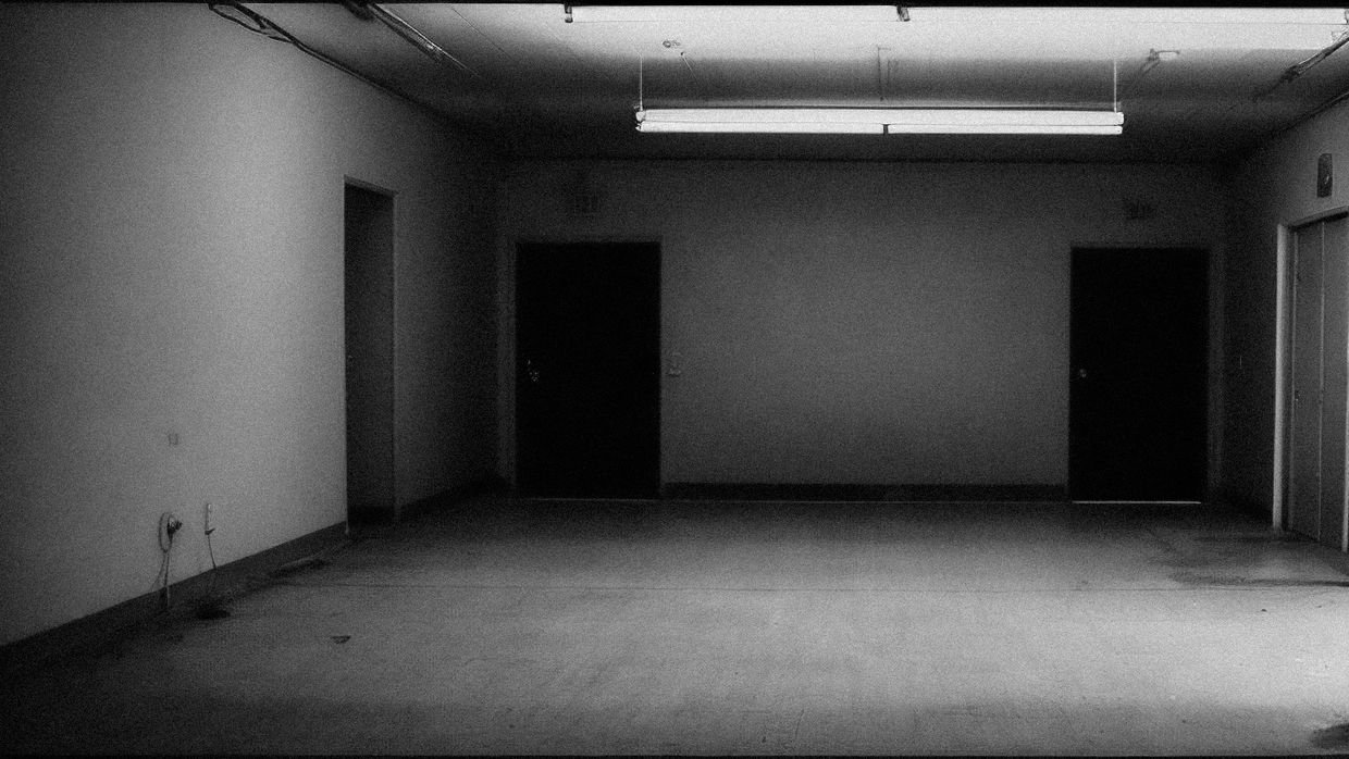 A closed door at the end of an empty corridor.