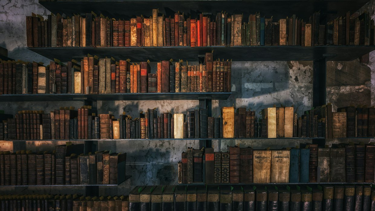 A long library shelf of bound volumes.
