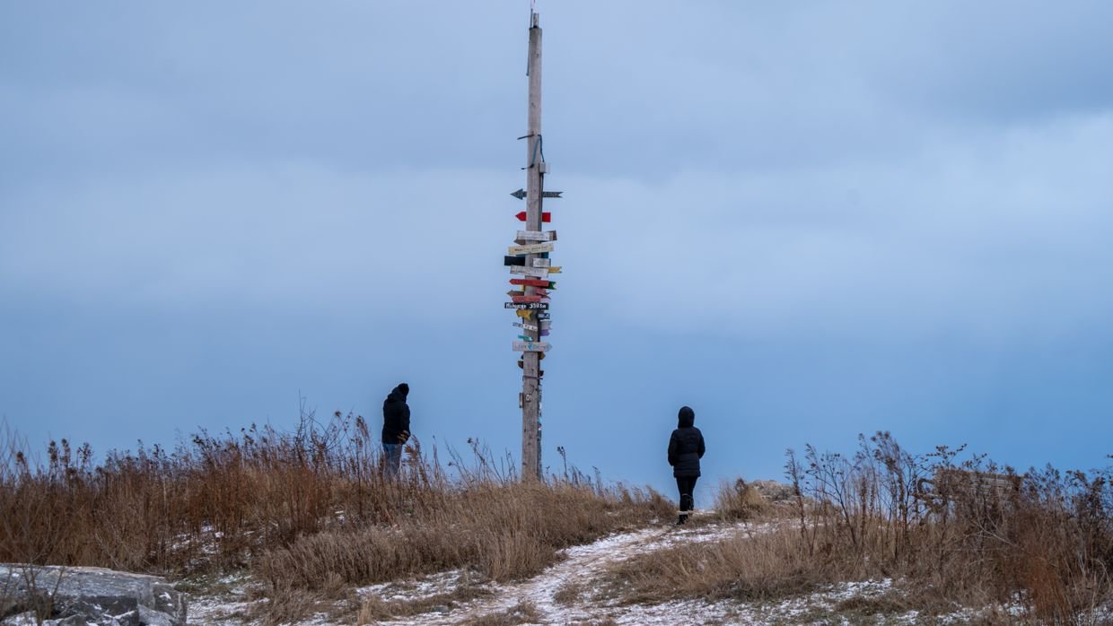 A two-armed signpost standing in a field.