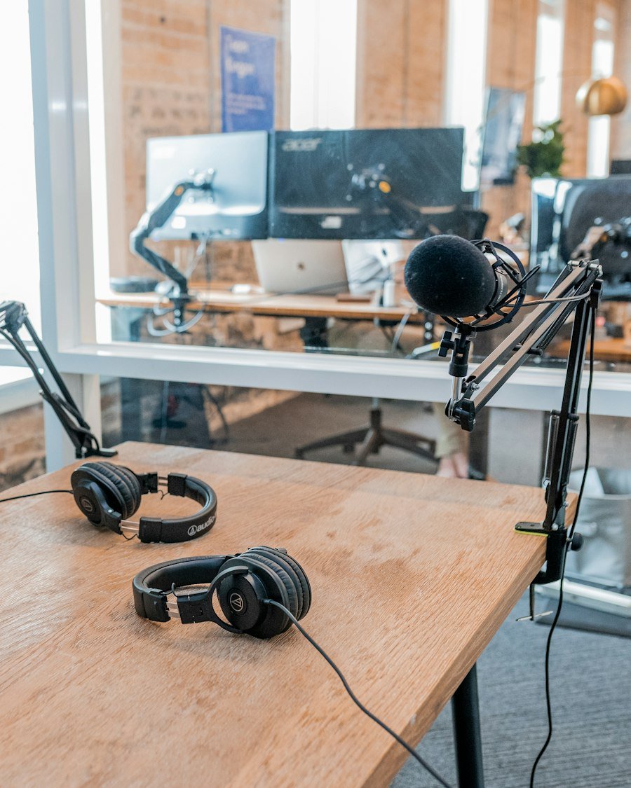 A studio microphone on the desk of a video creator.