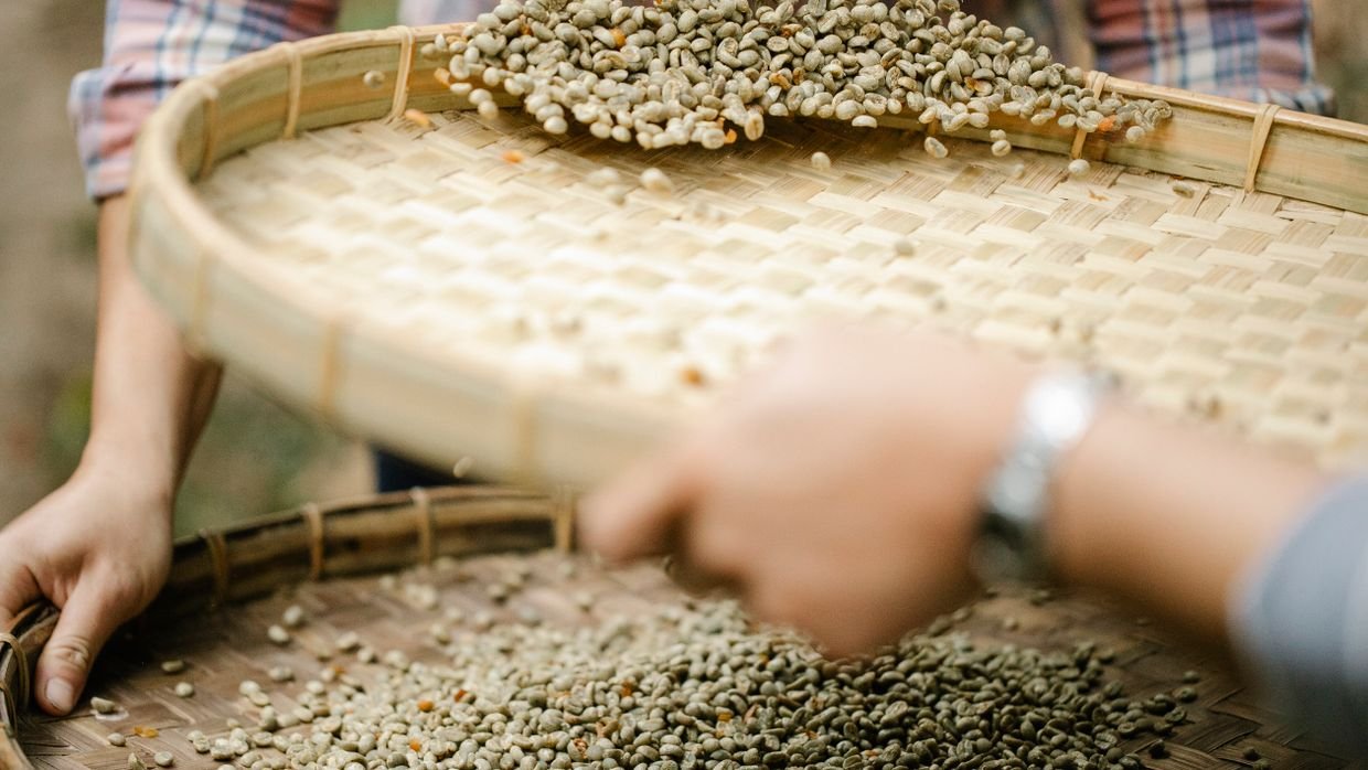 Hands sifting through small stones in a tray.