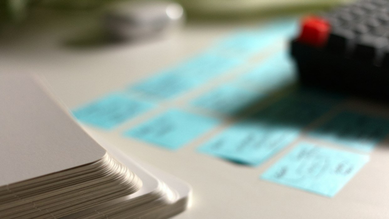 Revision cards spread across a desk.
