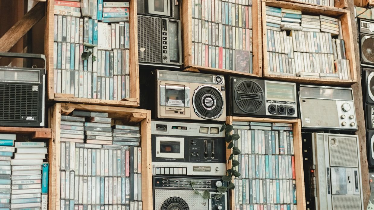 Shelves of archived recorded media.