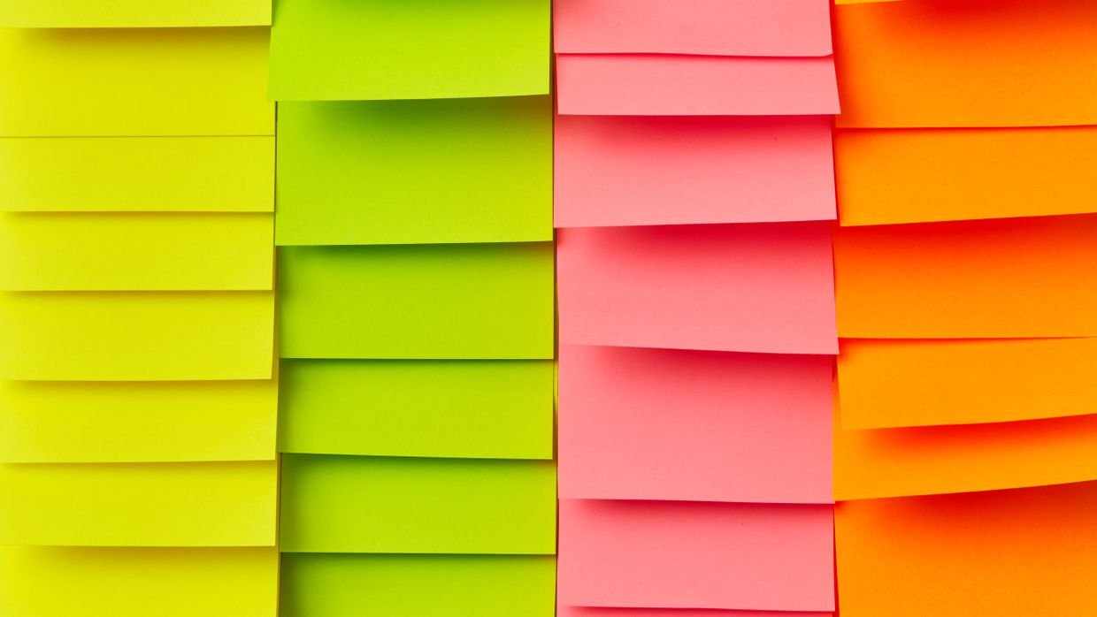 Sticky notes arranged in a hierarchy, like the nested blocks of a Logseq page.
