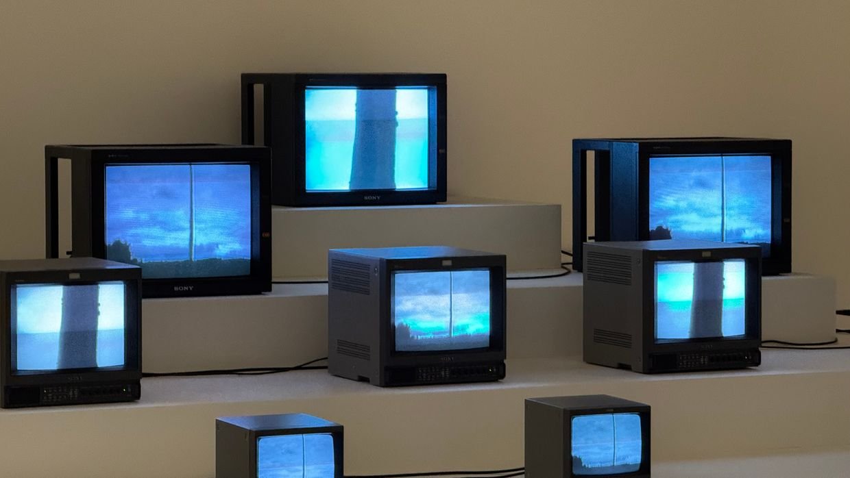 A television screen showing static.