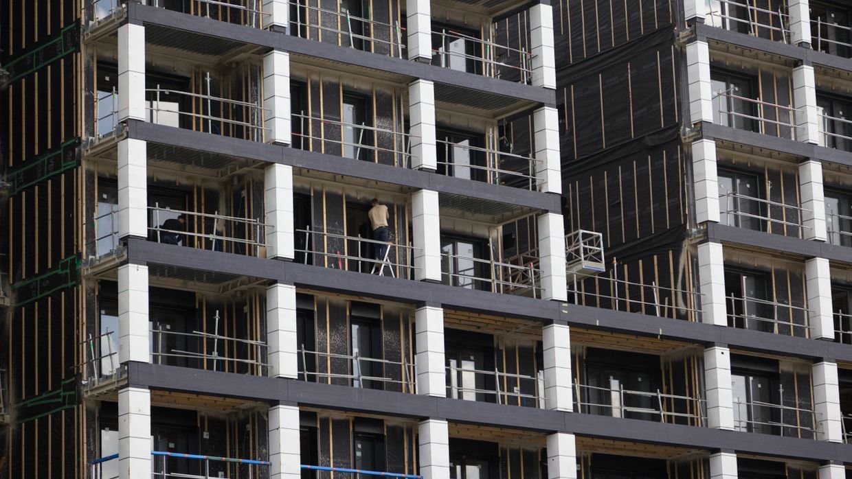 The steel framework of a building under construction.