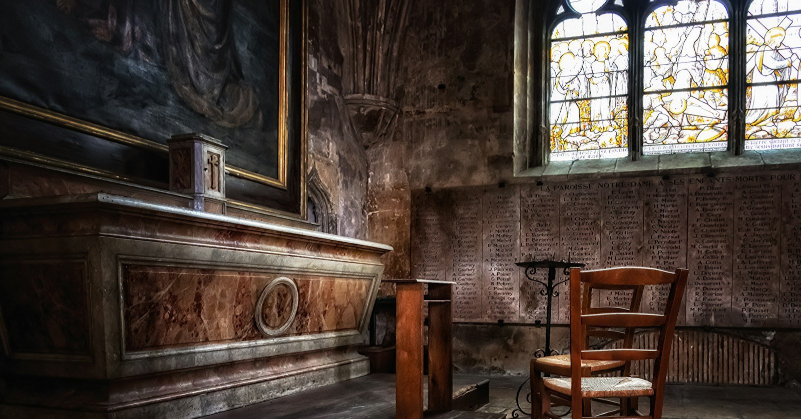 A wooden lectern inside a quiet church.