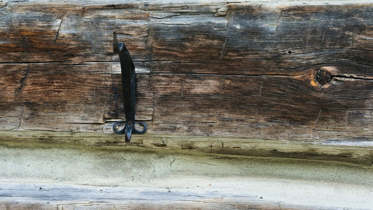 Fishing hooks laid out on wood.
