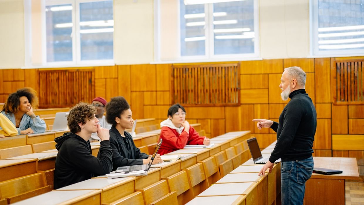 A university lecture hall, the kind of material the playback speed research used.