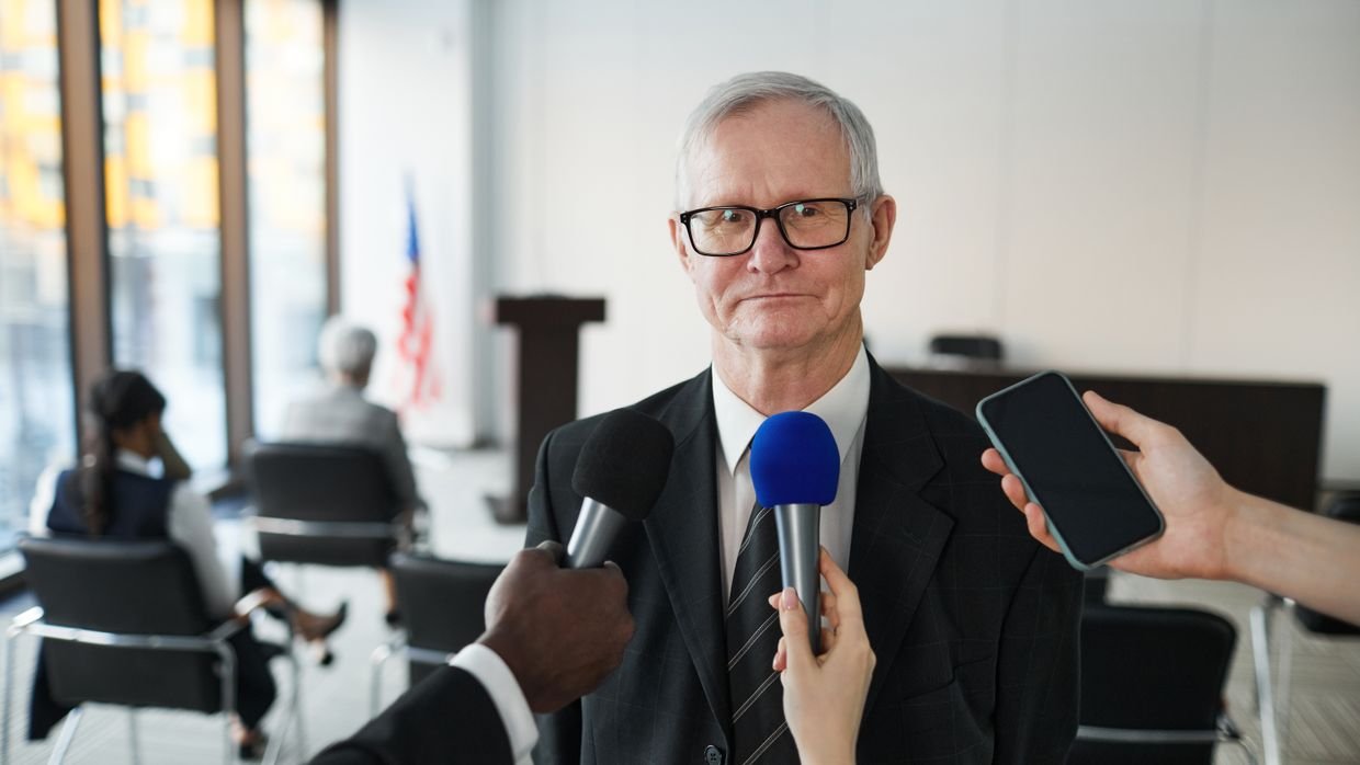A microphone set up in a press room.