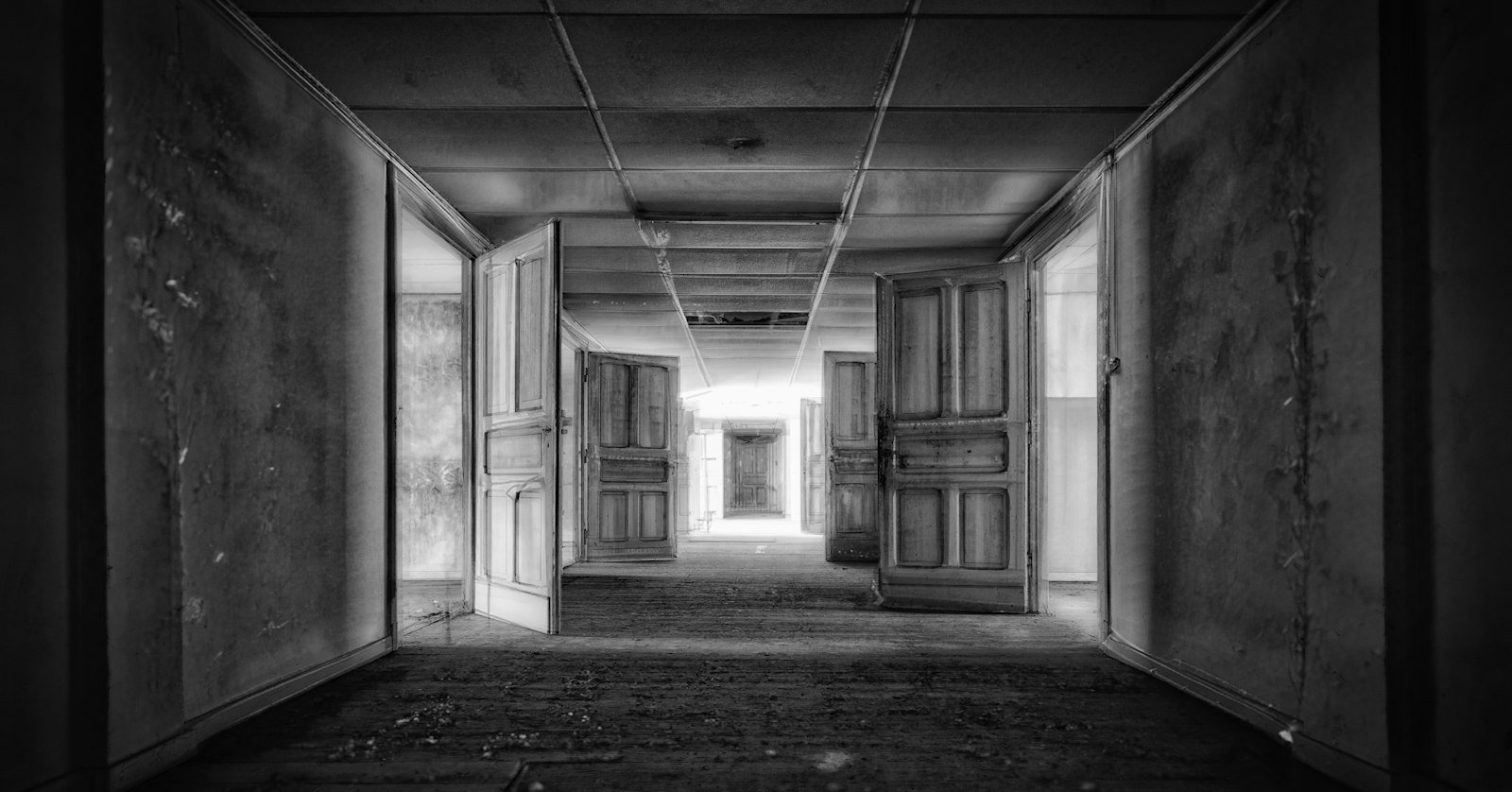A corridor lined with several doors.