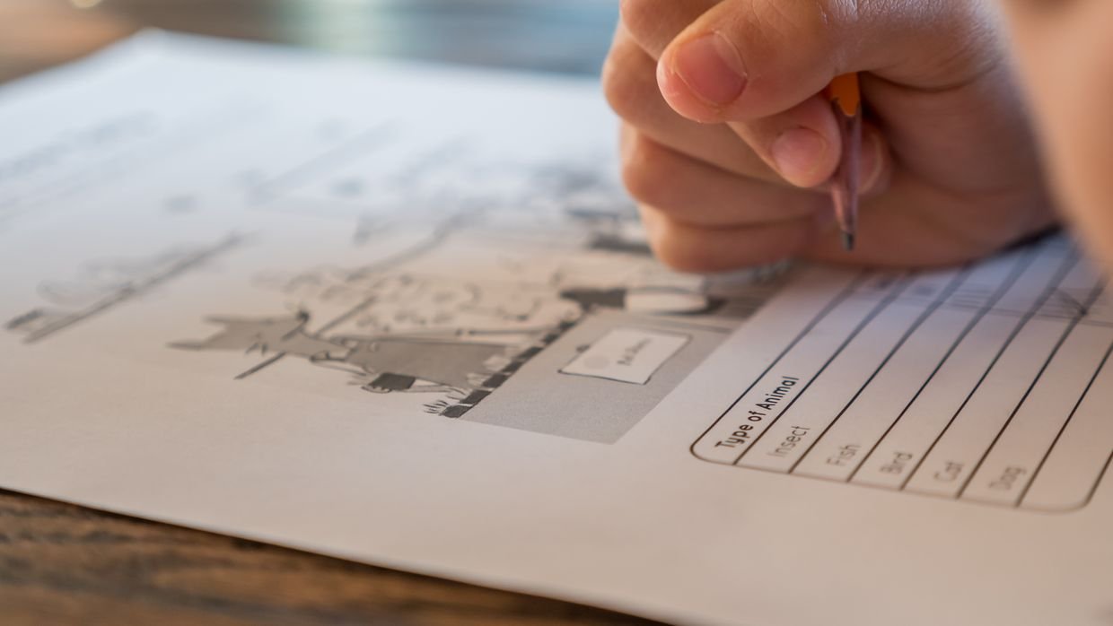 A worksheet and pencil on a school desk.