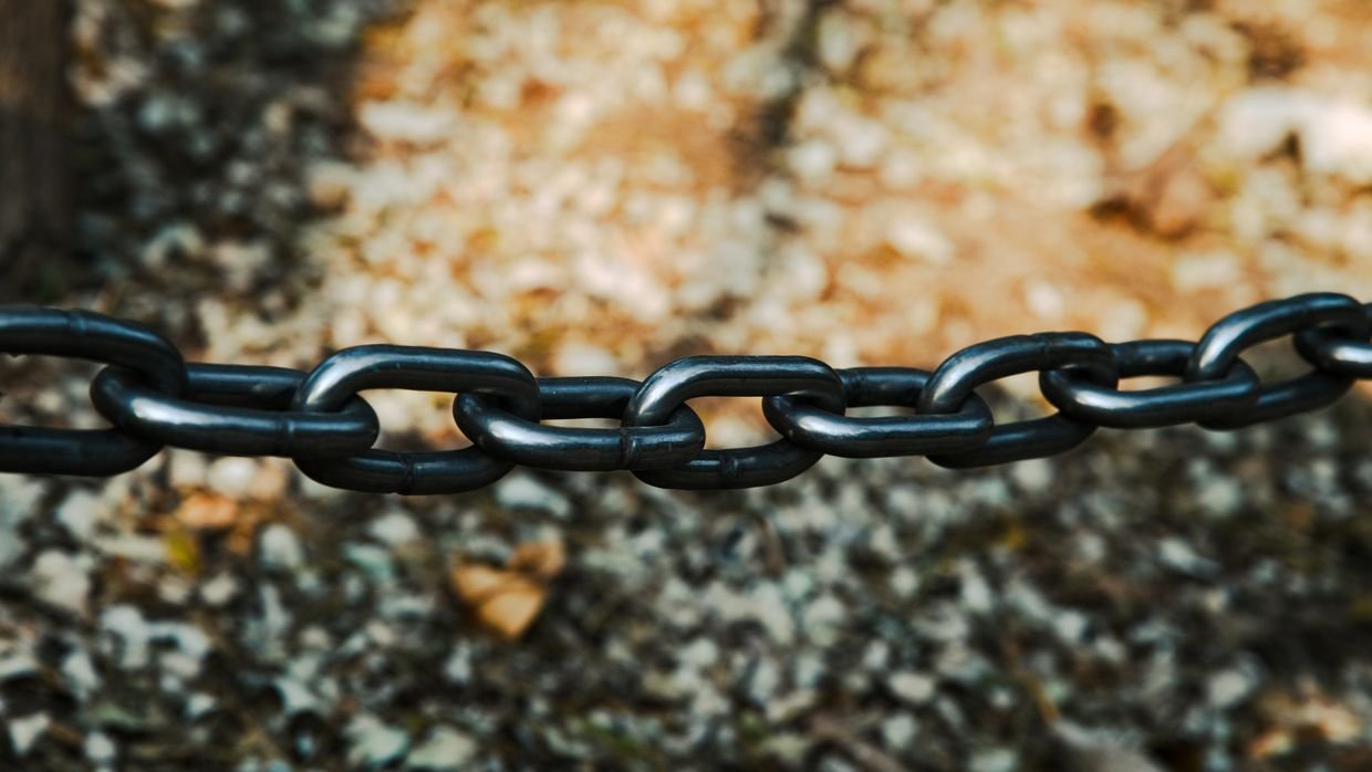 A close-up of one link in a metal chain.
