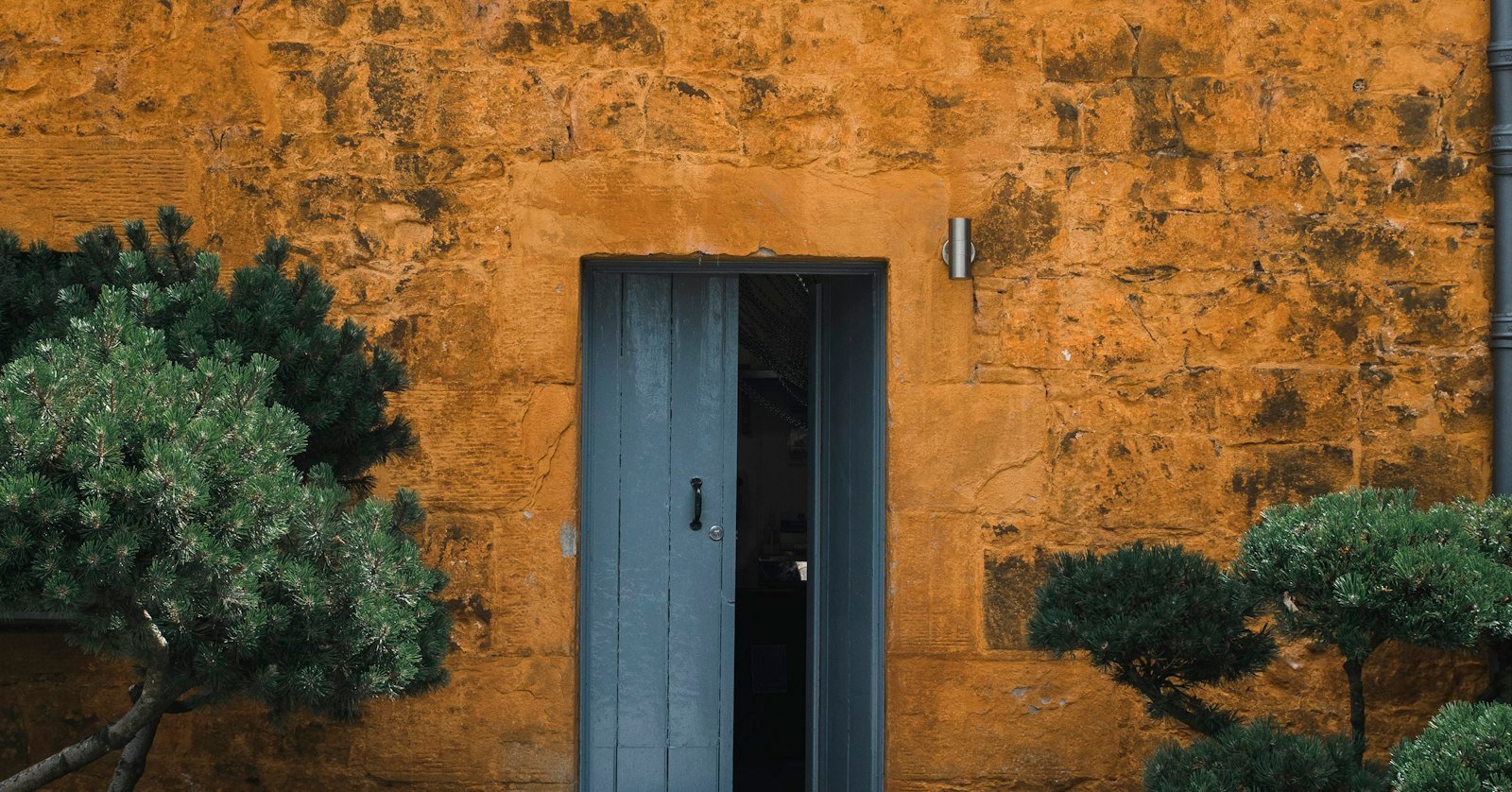 A closed door with a small window in it.