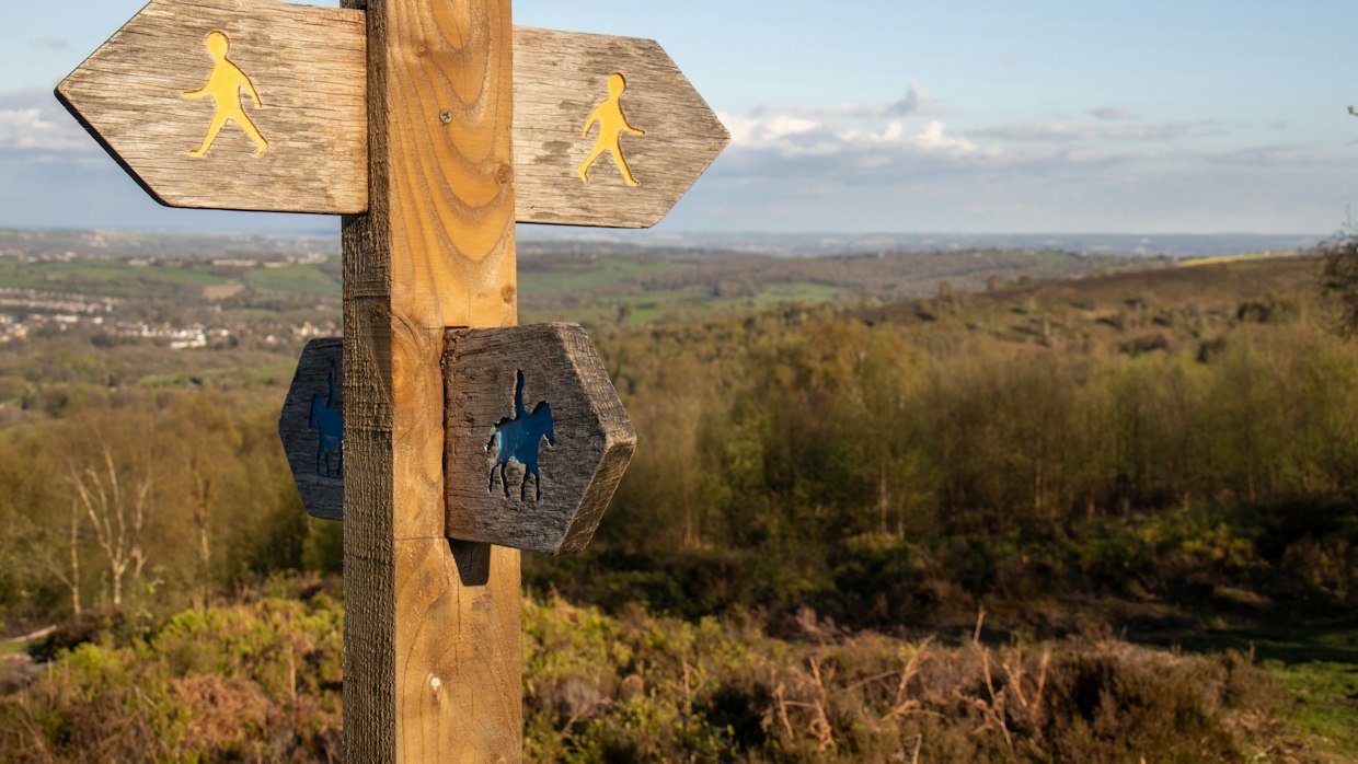 A footpath sign pointing in several directions.
