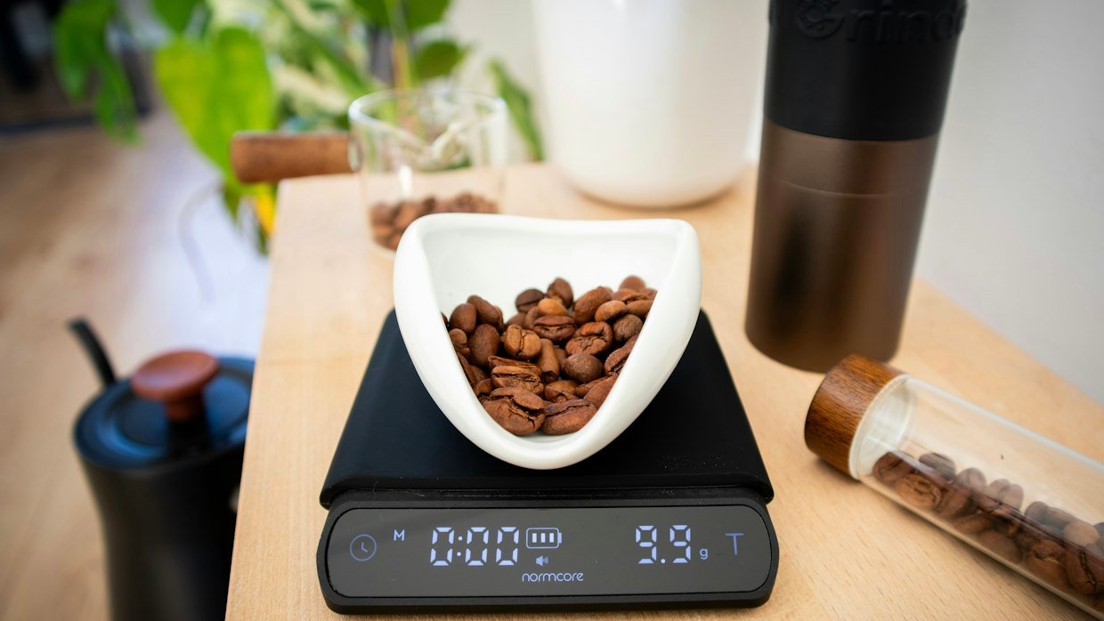 A set of balance scales on a table.