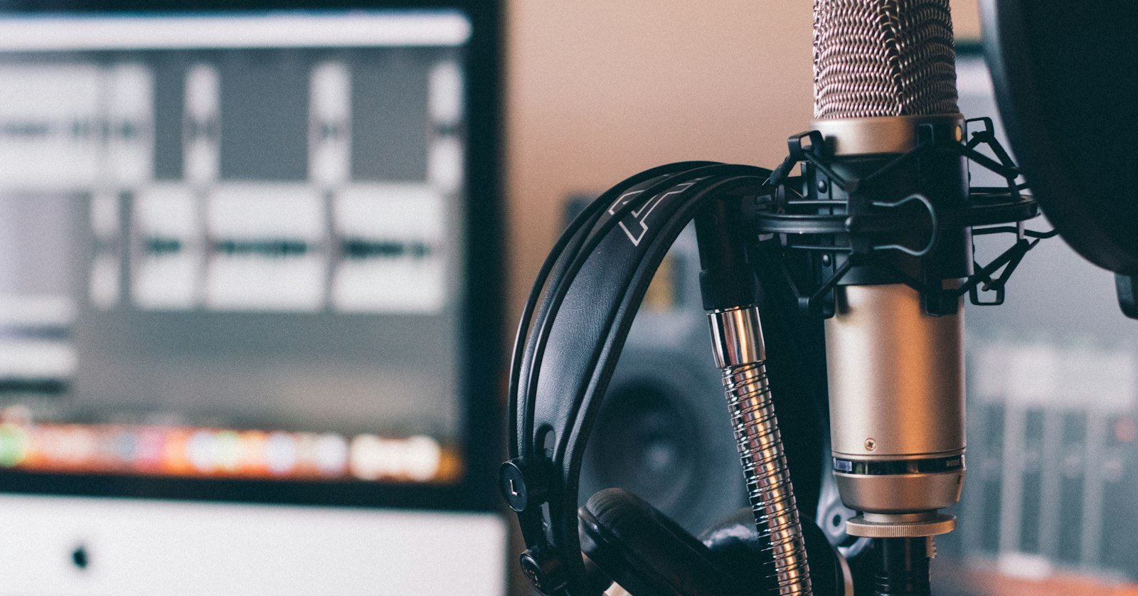 A podcast studio set up with two microphones.