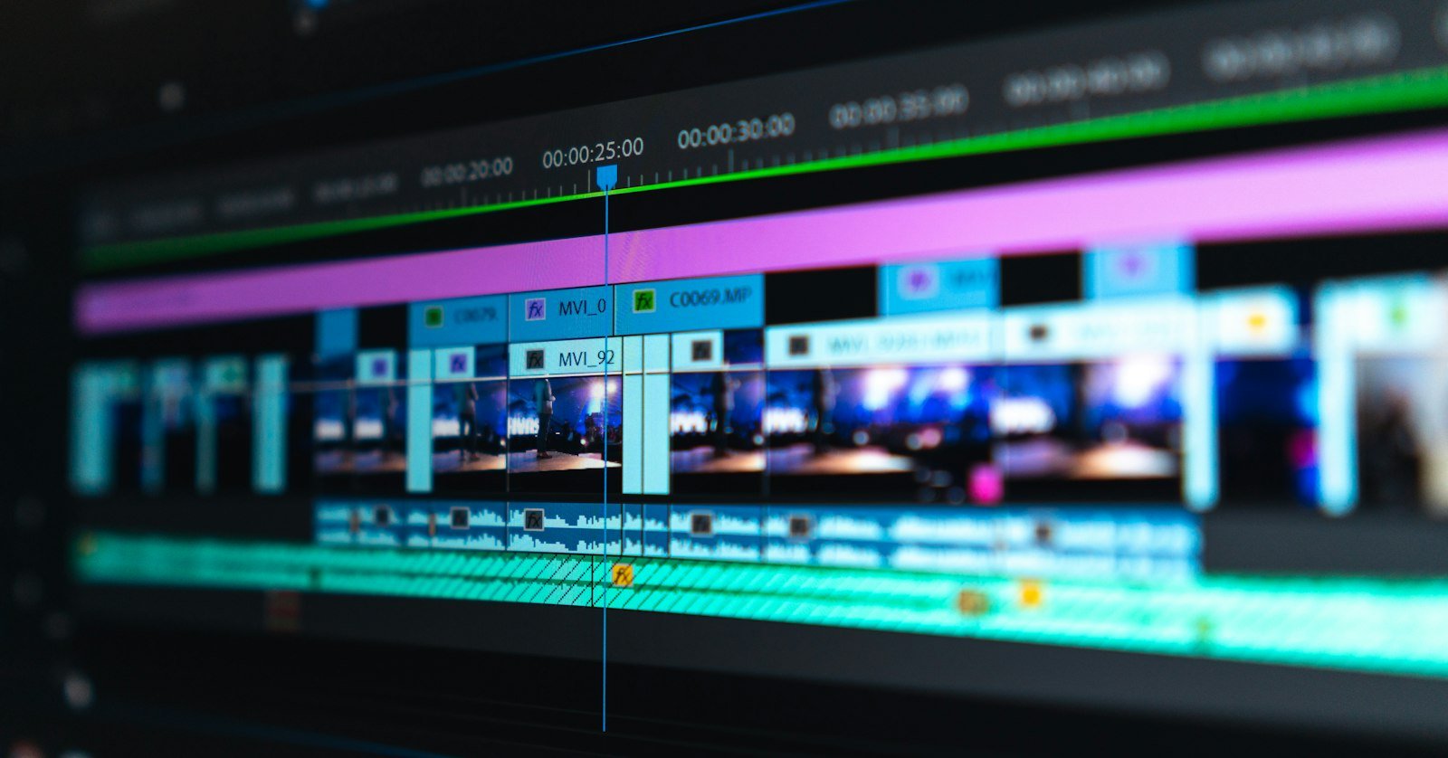 A video editing timeline stretched across a screen.